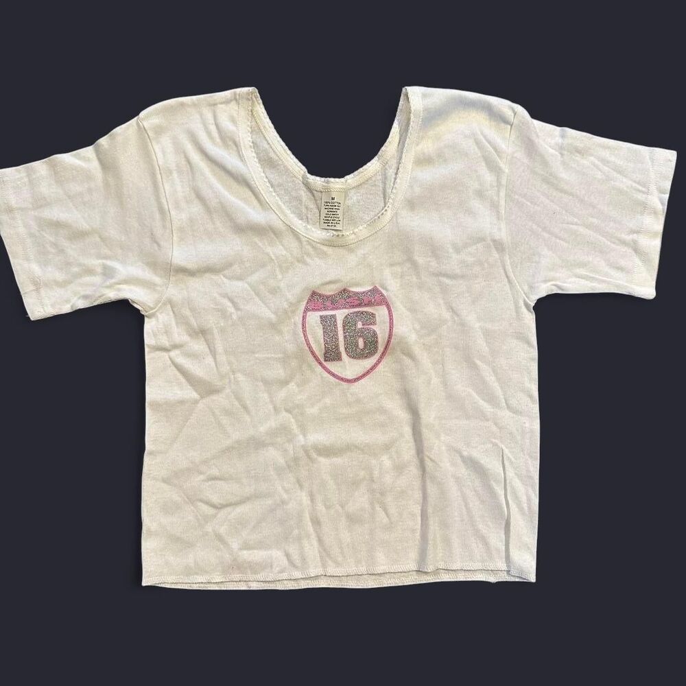 Y2K Bush Band Baby Tee White Pink Medium